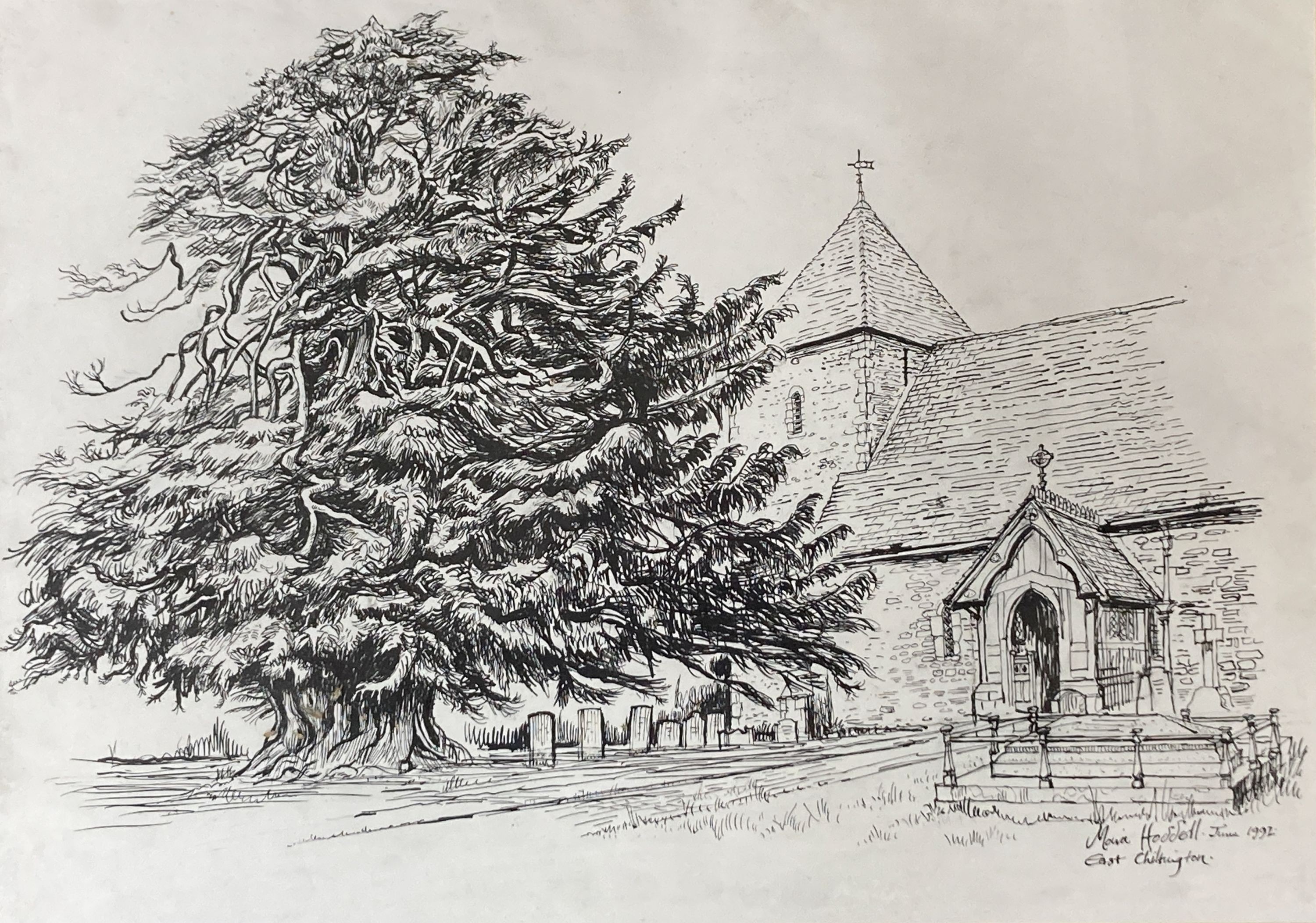 Moria Hoddell, pen and ink, East Chiltington church, signed, 41 x 58cm.